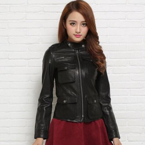 2020 New Womens Genuine Leather Jacket 100% Real Goat Skin Black Soft Slim Multiple Pockets Womens Leather Spring Autumn Coats