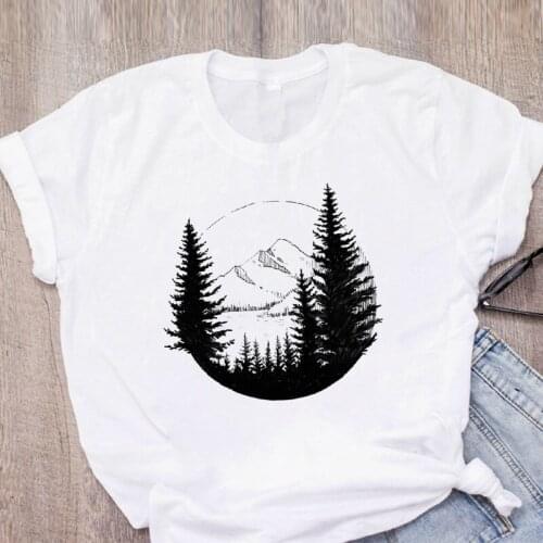 Ladies T-shirts Mountains And Trees Painting Womens T-shirt Landscape Painting Black And White Pattern Graphic Tshirts Summer