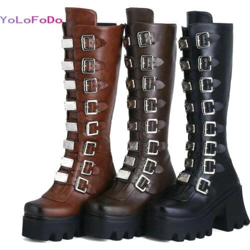 2021 Autumn Winter Women Knee High Boots Platform Square High Heel Ladies Motorcycle Boots PU Leather Buckle Womens Boots Black