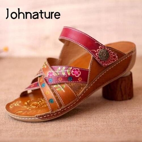 Johnature Hand-painted Women Slippers Genuine Leather 2021 New Summer Women Shoes Slides Sewing Handmade Concise Ladies Slippers