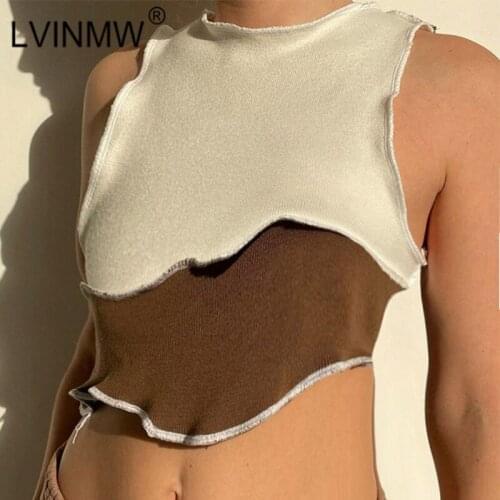 LVINMW Crew Neck Splice Hit Color Casual Remake Crop Top Patchwork Daily Slim Fashion Sleeveless Tank Tops Women For Summer