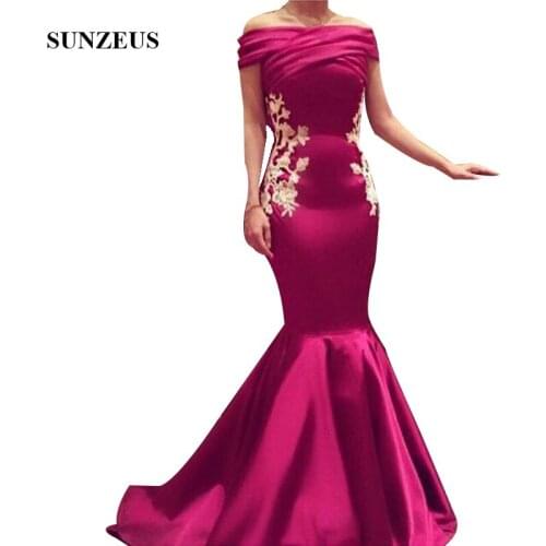 Mermaid Off Shoulder Evening Long Dress Arabic Women Fuchsia Satin Formal Gowns Elegant Lady Appliques Party Wear
