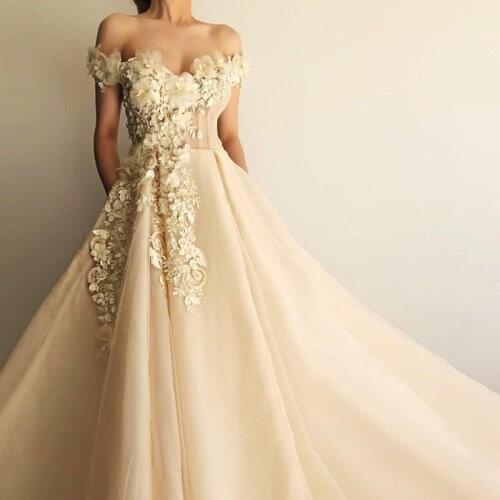 New Off Shoulder Tulle Prom Dresses 2021 Women Party Night Vestidos Blue Appliques Handmade Flower Robe Elegant Evening Gown