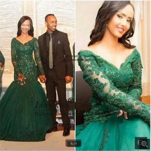 Sexy Chaming Green Beading Prom Dresses 2020 Mermaid V Neck Long Sleeve Tulle Women Pageant Dresses For Formal Evening Gowns