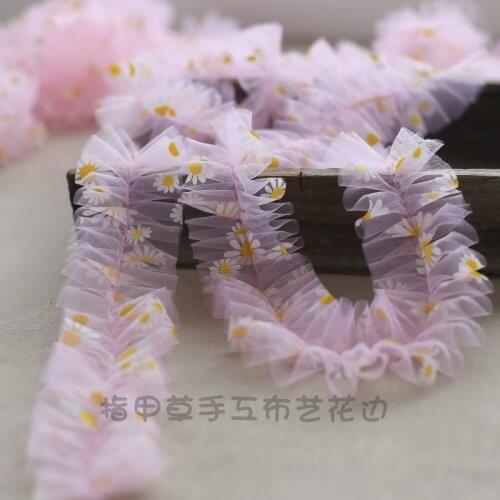 1M Blue Pink Pleated Net Yarn Lace Applique Trim Ribbon Crafts 6cm Daisy Print Clothes Material Mesh Lace Fabric for Dresses