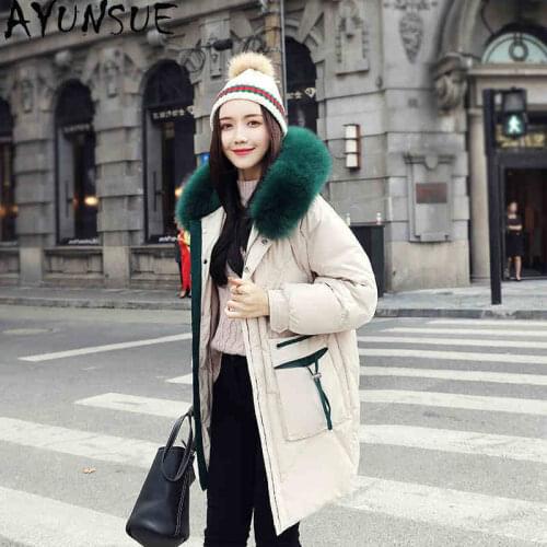 AYUNSUE Womens Clothing Winter white Duck Down Jackets Woman Real Fox Fur Collar Hooded Parka Female Long Coat Ropa Mujer 2020