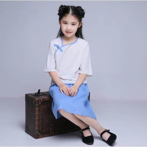 Kids Chinese Traditional Costume Girl Republic of China student school uniform kids tang suit top+ skirt 18