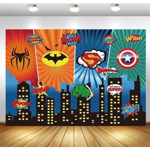 Superhero Photo Backdrop City Buildings Boys Birthday Party Baby Shower Photography Background Decor Banner Studio Prop