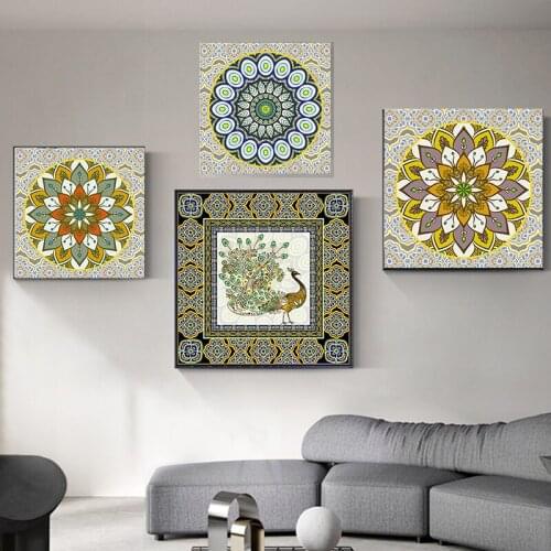 HD Painting Modern Peacock and Mandala Flower Religion Painting Canvas Painting Prints Poster Wall Art Picture For Living Room