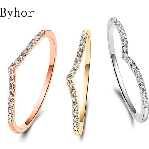 Byhor Solid 14K White/Yellow/Rose Gold 0.04ct Round Natural Diamonds кольца wedding band Women Trendy Fine Jewelry V type Ring