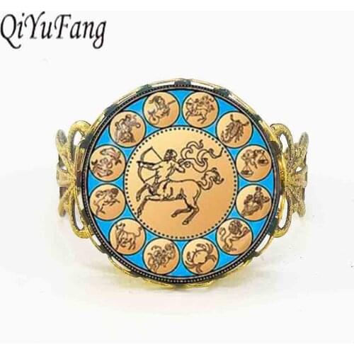New Vintage Sagittarius Ring Astrological Zodiac Sign Jewelry Glass Cabochon steel Link birthday Gift for Her 1pcs/lot dome