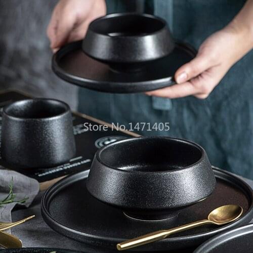 Creative Black Ceramic Tableware Noodle Bowl Soup Bowl Salad Bowl High Bowl Western Food Plate Steak Plate Vegetable Plate