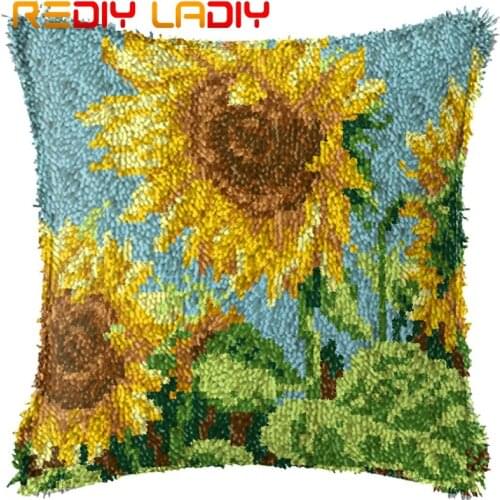 Latch Hook Cushion Sunflowers Field Printed Canvas Cushion Front Acrylic Yarn Crochet Pillow Case Kits Hobby & Crafts Home Decor