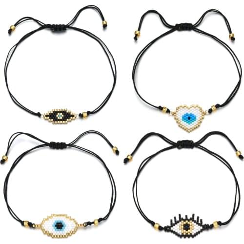 MIYUKI Glass Seed Beads Woven Evil Eye Handmade Bracelet Women Men Pull Knot Cord Braided Eyelash Peach Heart Pretty New Jewelry