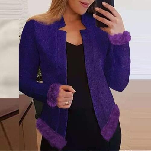 Fashion Office Lady Warm Long Sleeve Woolen Stitching Fur Coat Elegant Solid Women Cardigan Jackets Winter Casual Chic Outwears