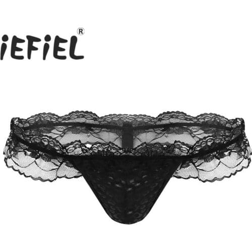 Mens Hot Sale Lingerie Low Rise Ruffle Lace Open Back Bulge Pouch Bikini Briefs Panties Sissy Underwear Underpants Jockstrap