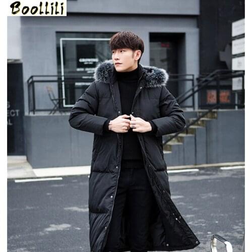 Boollili Mens Down Jacket Black Mens White Duck Down Coat Male Hooded Fox Fur Collar Coats Long Jackets Chaqueta Hombre