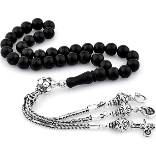 Natural Jet Stone Prayer Bead With Silver Tassel Men Rosary Islamic Tasbih With Wolf Turkis Ottoman Tassel 925 Sterling Silver