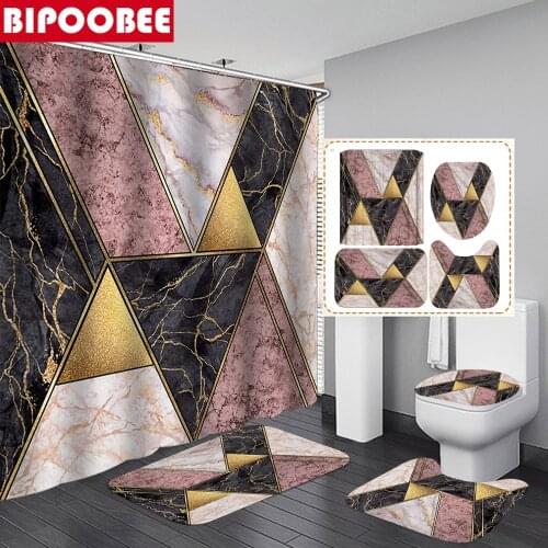 Irregular Graphics Stripe Bathroom Curtains Marble Shower Curtain Set Bath Mats Rugs Toilet Seat Cover Pedestal Non-slip Carpet