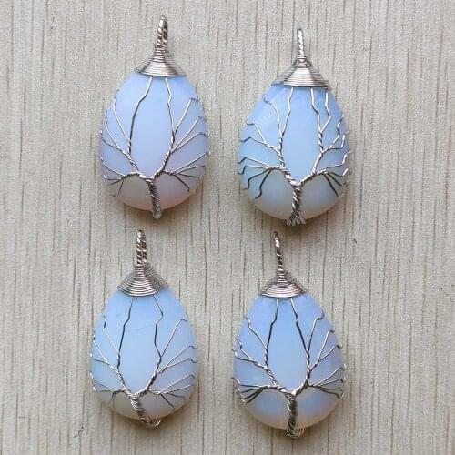 Wholesale 4pcs/lot fashion hot sell white Color Wire Wrap handmade tree of life drop shape opalite stone Pendants free shipping
