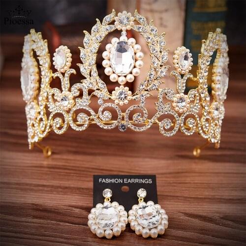 Pioessa New Baroque Crystal Water Drop Bridal Jewelry Sets Rhinestone Tiaras Crown Earrings for Bride Wedding Dubai