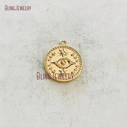 PM35247 Round Evil Eye Medallion Coin Stars Gold Plated Delicate Turkish Eye Charm Religious Pendant Jewelry
