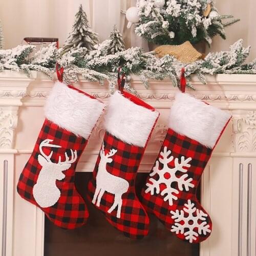 21*50cm Christmas Party Tree Hanging Decor New Year Red Black Check Cartoon Deer Snowflake Stocking Sock Kids Gift Candy Bags