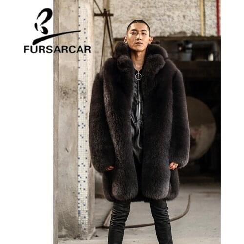 FURSARCAR Man Real Fur Coat With Turn-Down Fur Collar 85 Cm Long Winter Natural Fox Fur Jacket Luxury Fox Fur Coat For Man
