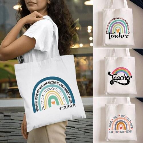 Rainbow Teacher Life Print Shoulder Bag Simple Eco Canvas Handbag Tote Large Capacity Shopping Bags Book Bags Teachers' Day Gift