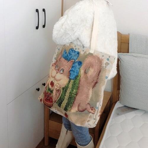 Cartoon Dog Cat Pattern Women Jacquard Shoulder Bags Cotton Cloth Fabric Handbag Casual Tote Books Bag Cute Shopping Bags