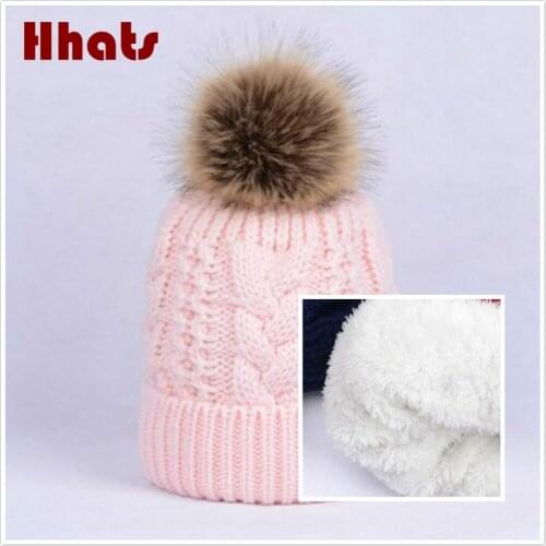 Super thick warm cable knitted hat cap fleece inner women winter hat with faux rabbit fur pompom top outdoor ski bonnet beanies
