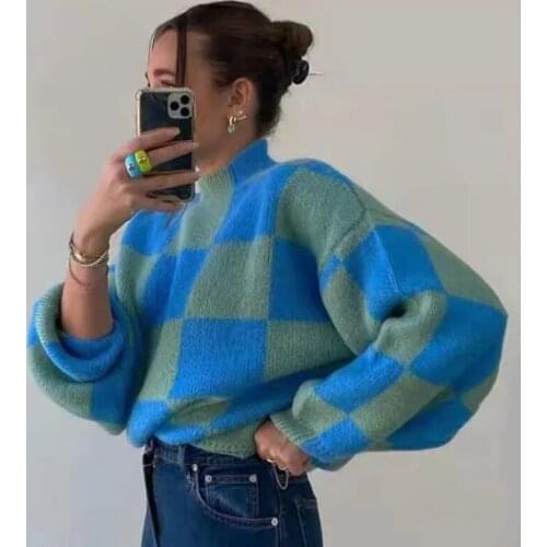 Foridol Plaid Vintage Oversized Knitted Sweater Pull Femme Women Lantern Sleeve Loose Casual Office Pullovers Jumper Sueter