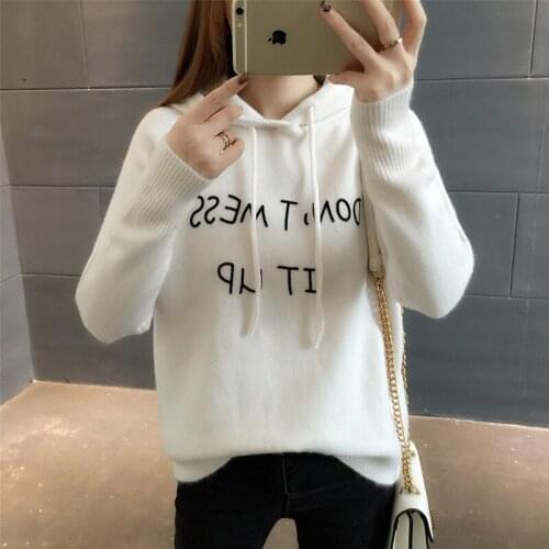 Korean Hooded Sweater Women For Spring Letter Long Sleeve Loose Knitted Top Winter Womens Pullover Sweater Outerwear Women