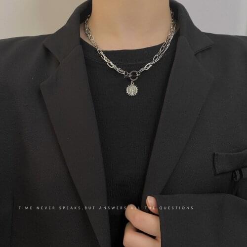 Titanium steel OT clasp sun necklace for men and women vintage human head round tag pendant short double layer jumper chain