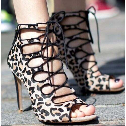 Fashion Sexy Leopard Suede Leather Peep Toe Lace-up High Heel Pumps Designer Cut-out Women Dress shoes woman Size 34-42