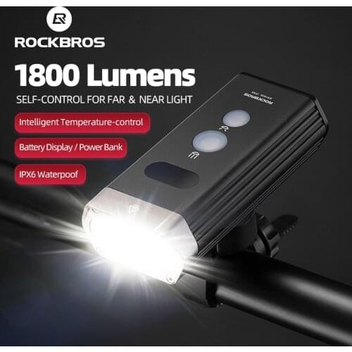 ROCKBROS Bicycle Light 1800 Lumens IPX-6 Waterproof Bike Flashlight Power LED USB Rechargeable Bicycle Handlebar Light Headlight