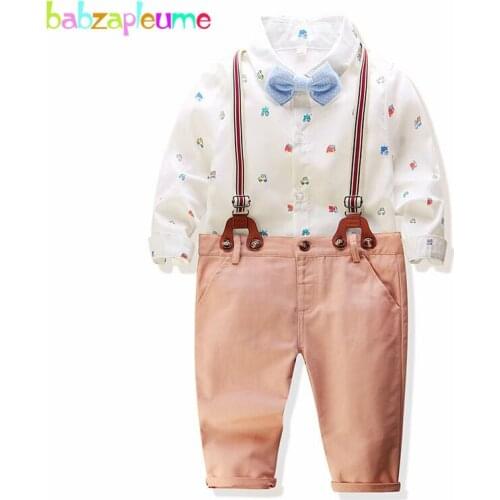 Spring Newborn Outfits Baby Boys Clothes Fashion Cartoon Cotton Long Sleeve Infant Shirt+Overalls+Bow Kids Clothing Sets BC1710