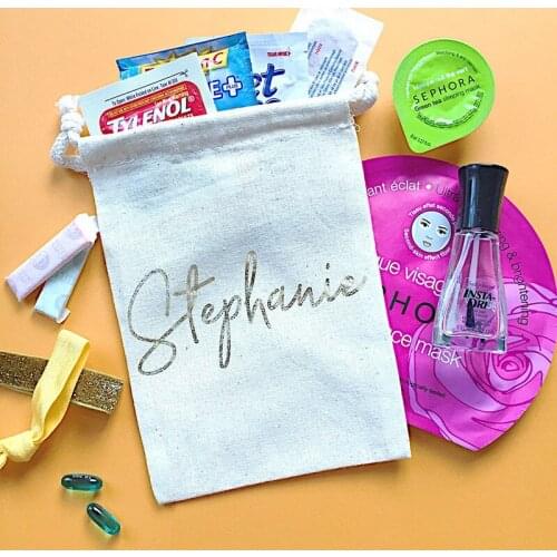 Personalize gold bag with name jewelry bag Bachelorette gift Bags bridesmaid gift hen party Hangovers Kit wedding thank you bags