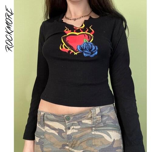 Rockmore Graphic Print T-shirt Women Long Sleeve Crop Tops Autumn Aesthetic E Girl Casual Basic Tee Shirt 90s Grunge Fairycore