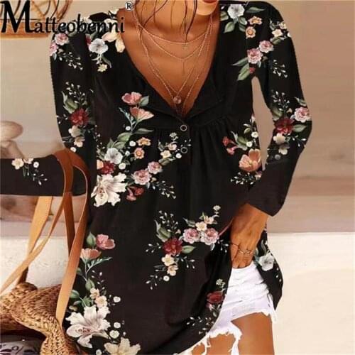 Women Autumn Long Sleeve T Shirt Sexy V-Neck Floral Print Button T-Shirts Casual Loose Tees Plus Size Tops Streetwear Blusas