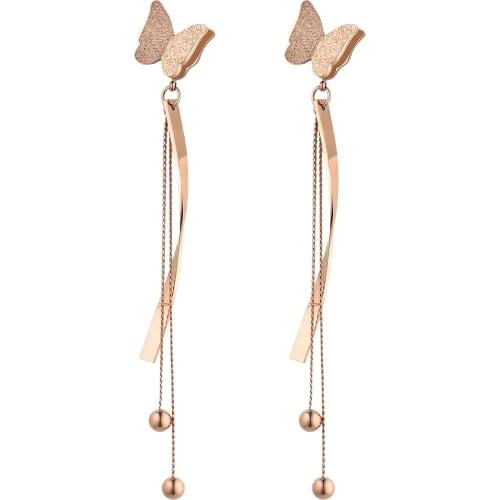 BONISKISS New 2020 Women Bow Tassel Stainless Steel Earings Front and Back Crystal Bow Tassel Earrings Female Butterfly Earrings