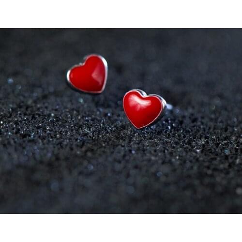 Original 925 Sterling Silver Red Heart Stud Earrings for Women Remantic Fine Jewelry Cute Girls Forever Love Birthday Gift