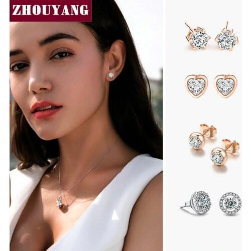ZHOUYANG Stud Earring For Women 27 Style Classic Cubic Zirconia Wedding Rose Gold Color & Silver Color Fashion Jewelry E035