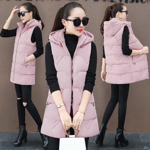 Women Autumn Winter Mid-long Waistcoat Vest 2021 Casual Solid Sleeveless Hooded Thicken Warm padded Vest Coat For Female