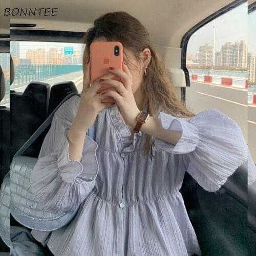 Blouses Women Oversized Blue All-match Shirts Ruffles Solid Leisure Design Sun-protective Clothes Long Sleeve Cropped 3XL V-Neck