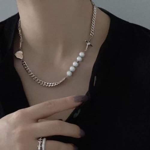 White Pearl Choker Unique Asymmetric Design with Alloy Chain and Cross Fluorescent Pearls Dainty Necklaces Great Gift