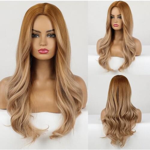 Long Wavy Women Wigs Middle Part Ombre Yellow Brown Highlight Blonde Ash Synthetic Cosplay Party Hair Wig Heat Resistant Fibre
