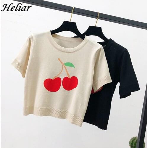 HELIAR Women T-shirt O-Neck Knitting Cherry Printed T-shirt Short Sleeve Ladies Sweet T-shirt Female Short Sleeve Tops For Women