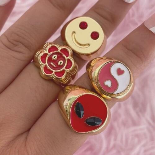 Fashion Cute Red Alien Chunky Metal Rings for Women Vintage Bagua Yin Yang Happy Smile Face Enamel Ring Y2K Party Jewelry Gifts