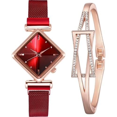 Women Watches Set Fashion Square Ladies Quartz Watch Bracelet Set Red Black Dial Simple Rose Gold Mesh Luxury Women Watches